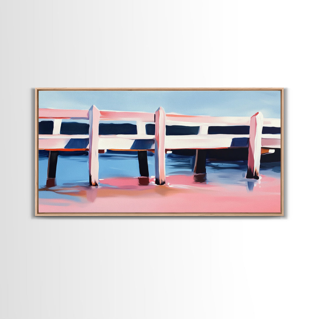 Dock, Reflections, Landscape Art, Nautical Decor, Serene Water Painting, Framed Canvas Print, Minimalist Seaside Art, Blue Pink Aesthetic