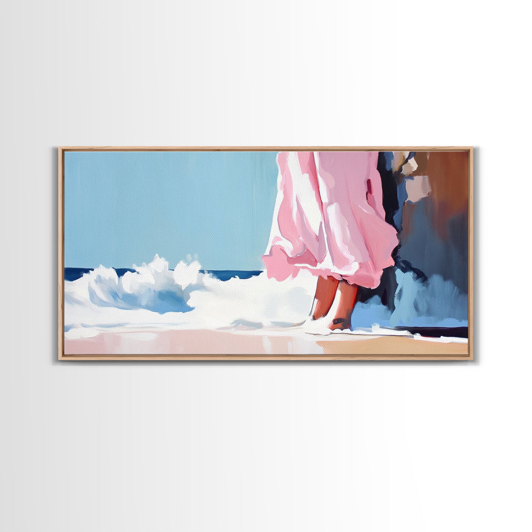 Ocean Breeze, Pink Dress, Coastal Art, Modern Seascape, Minimalist Wall Art, Living Room Decor, Beach Aesthetic, Canvas Print