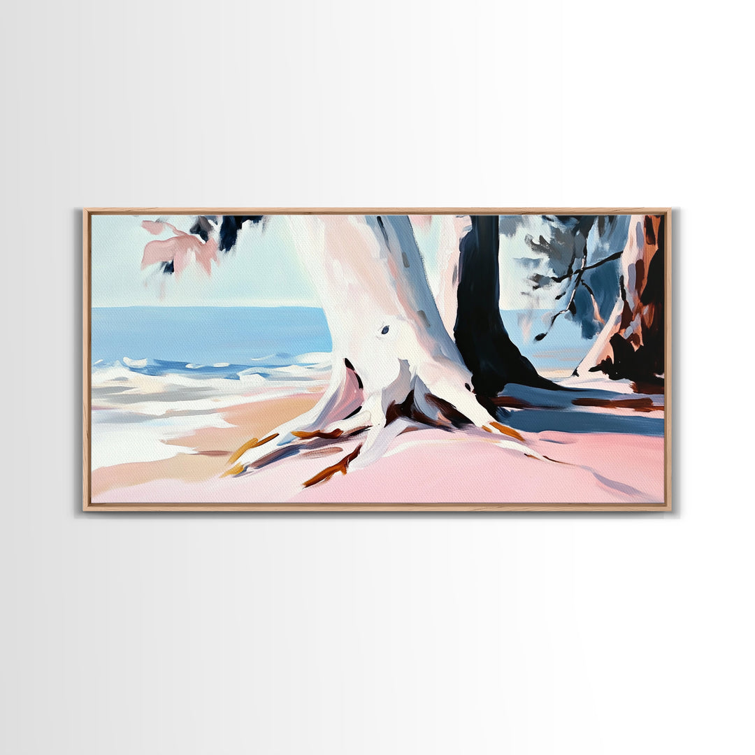 Beach Tree, Coastal Roots, Modern Nature Art, Minimalist Seascape, Living Room Wall Art, Tranquil Landscape, Canvas Print