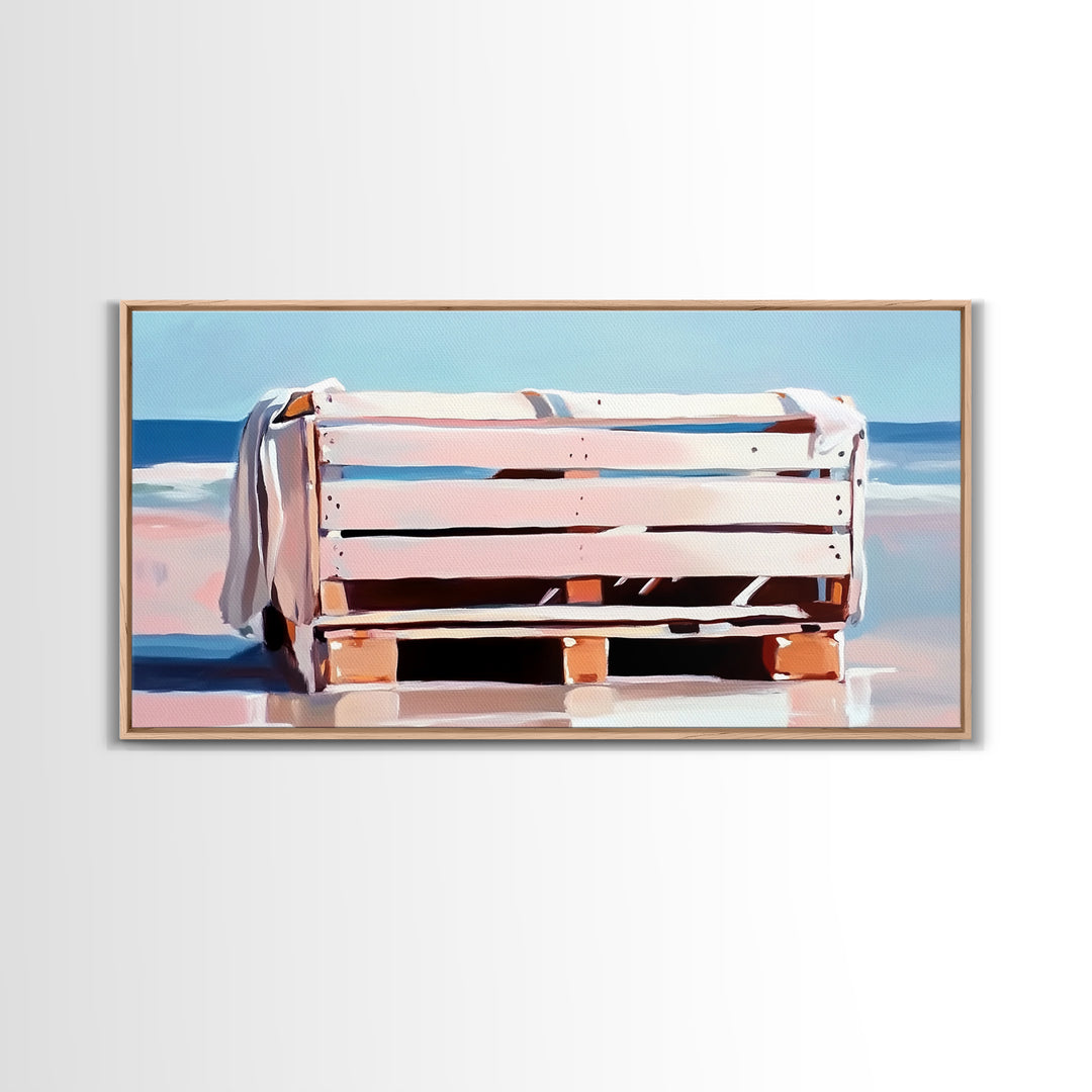 Beach Crate, Coastal Chic, Minimalist Seaside Art, Relaxing Ocean Decor, Modern Nautical Aesthetic, Living Room Wall Art, Canvas Print