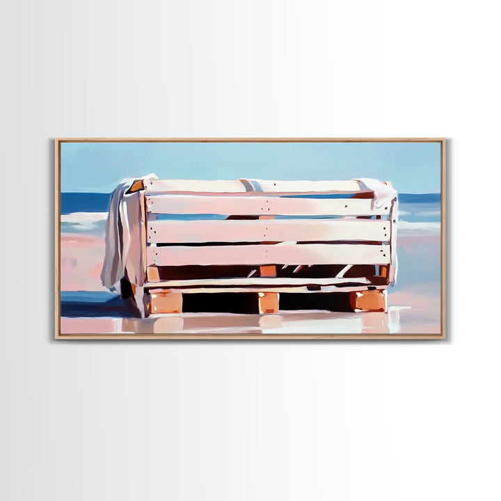 Beach Crate, Coastal Chic, Minimalist Seaside Art, Relaxing Ocean Decor, Modern Nautical Aesthetic, Living Room Wall Art, Canvas Print