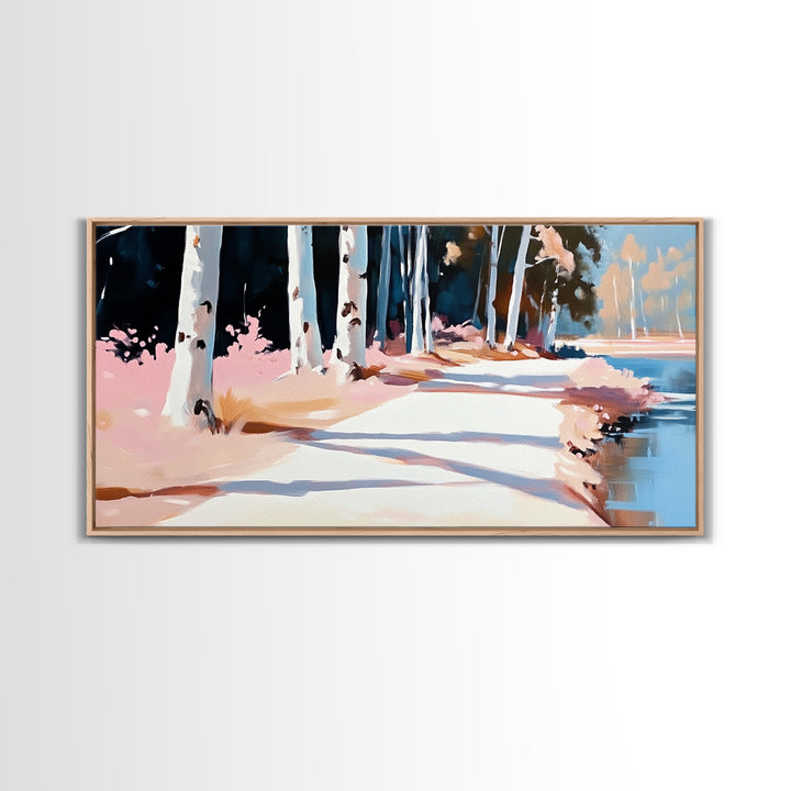 Birch Path, Autumn Landscape, Tranquil Nature Art, Minimalist Forest Print, Warm Neutral Tones, Living Room Wall Art, Canvas Print