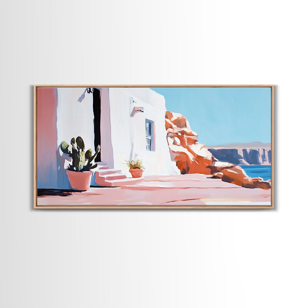 Cliffside House, Mediterranean Wall Art, Travel Print, Santorini Inspired Decor, Minimalist Aesthetic, Framed Canvas Print, Living Room