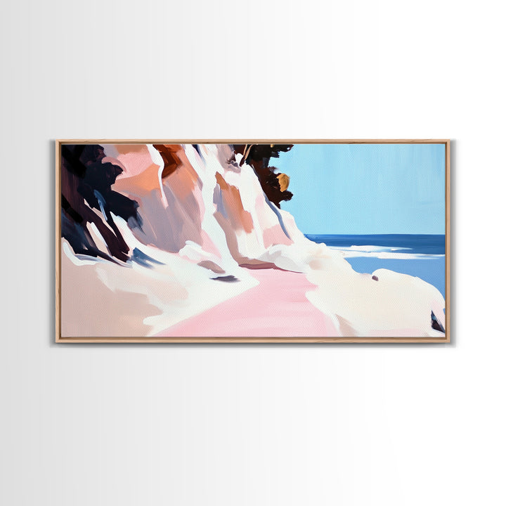 Coastal Path, Beach Cliffside Art, Ocean Landscape Print, Tranquil Summer Wall Art, Minimalist Pastel Decor, Framed Canvas Print