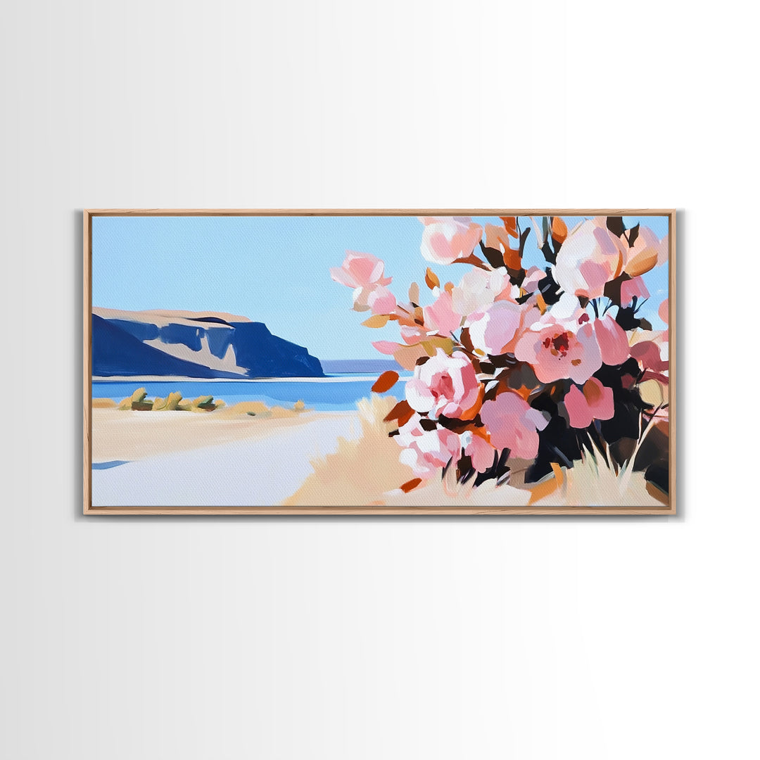 Coastal Flowers, Blue Ocean, Beach Aesthetic, Vibrant Nature Art, Boho Wall Decor, Bedroom Art, Pink Floral Scene, Canvas Print
