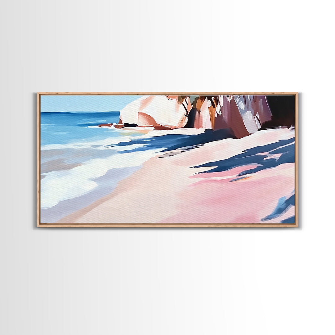 Ocean Shoreline, Rocky Beach, Blue Waves, Canvas Print, Modern Coastal Art, Beach House Decor, Living Room Wall Art, Minimalist Seascape