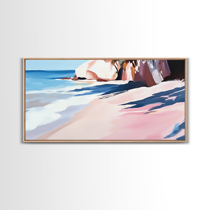 Ocean Shoreline, Rocky Beach, Blue Waves, Canvas Print, Modern Coastal Art, Beach House Decor, Living Room Wall Art, Minimalist Seascape