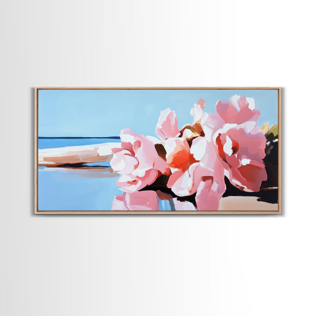 Beach Flowers, Coastal Art, Pink Peonies, Seaside Decor, Framed Canvas Print, Living Room Wall Art, Romantic Art, Boho Aesthetic