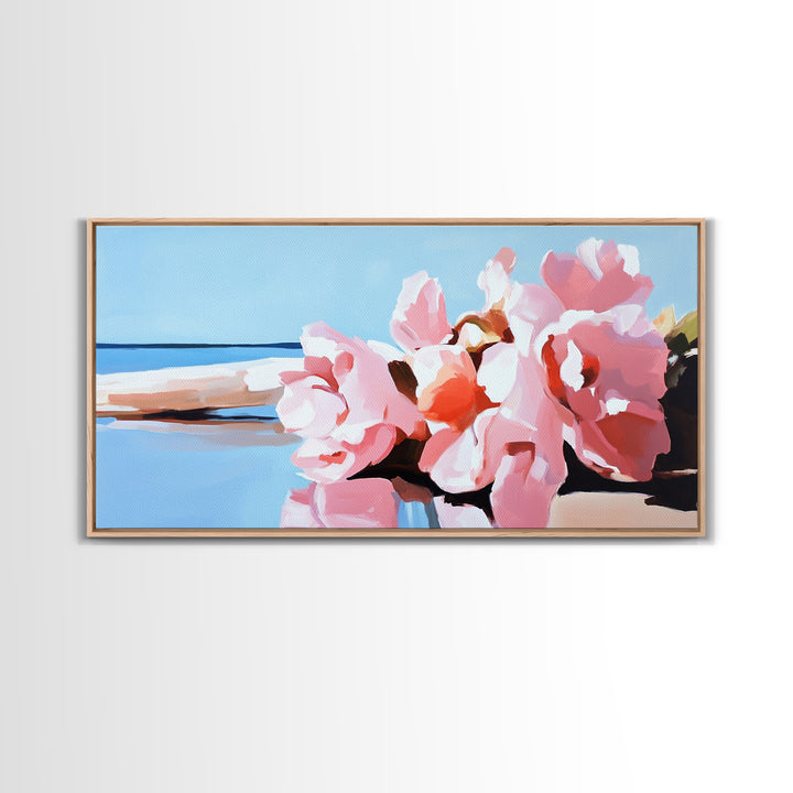 Beach Flowers, Coastal Art, Pink Peonies, Seaside Decor, Framed Canvas Print, Living Room Wall Art, Romantic Art, Boho Aesthetic