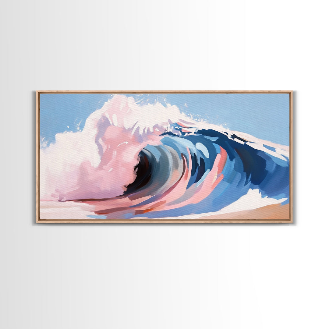 Ocean Wave, Abstract Seascape, Beach Aesthetic, Coastal Home, Canvas Print, Modern Beach House Wall Art, Blue and Pink Waves, Surf Art