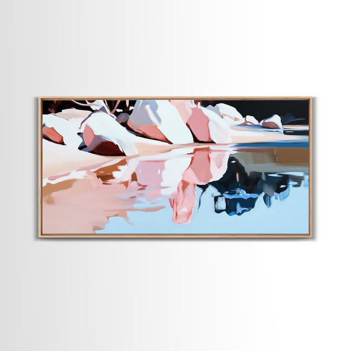 Beach Reflection, Coastal Landscape, Modern Seascape, Minimalist Decor, Framed Canvas Print, Ocean Tranquility, Relaxing Aesthetic