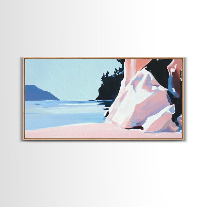 Cliffside View, Tranquil Waters, Framed Canvas Print, Coastal Wall Art, Minimalist Landscape, Serene Home Decor, Blue and Blush Tones