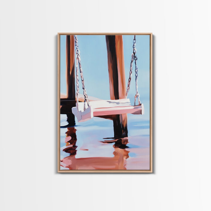 Dock Swing, Reflection Art, Nautical Decor, Relaxing Beach Scene, Minimalist Water Art, Canvas Print, Coastal Wall Art, Rustic Charm