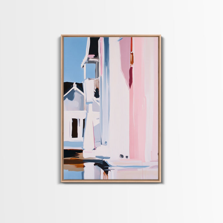 Pink Cityscape, Modern Architecture, Framed Canvas Print, Minimalist Wall Art, Soft Pastel Decor, Urban Home Design, Contemporary Aesthetic