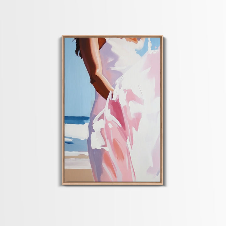 Beach, Dress, Breeze, Feminine, Canvas Print, Minimalist Art, Soft Pastel Art, Bedroom Wall Art, Aesthetic Home Decor, Coastal Wall Hanging