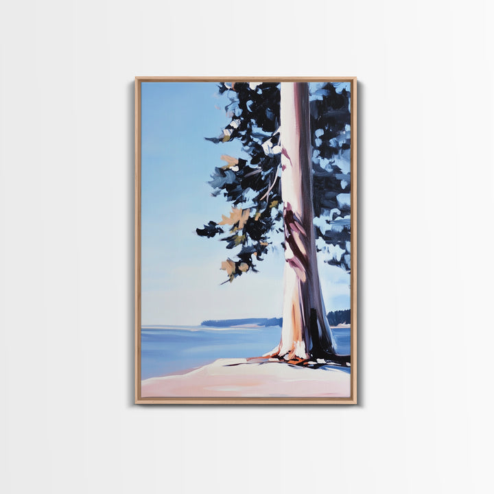 Coastal Tree, Lakeside Art, Tranquil Scene, Framed Canvas Print, Serene Nature Art, Minimalist Landscape, Living Room Wall Art