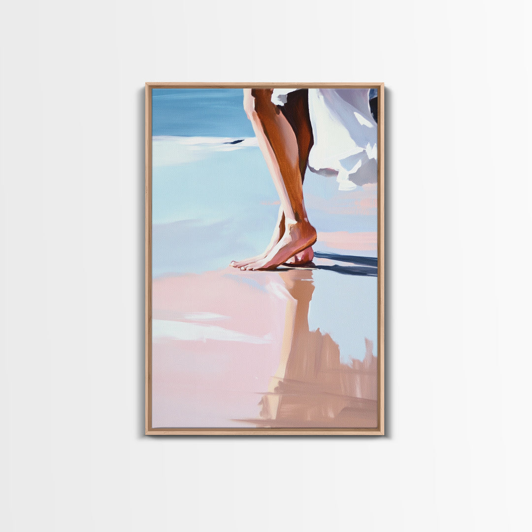 Barefoot Walk, Beach Reflection, Seaside Painting, Framed Canvas Print, Coastal Home Decor, Boho Art, Relaxing Bedroom Wall Art