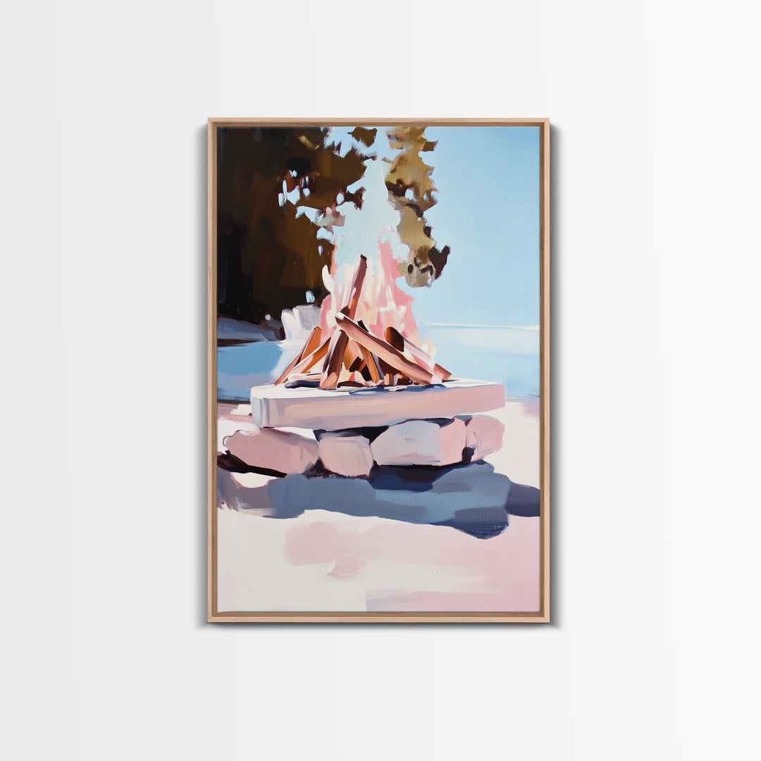 Campfire, Outdoor Retreat, Cozy Night, Framed Canvas Print, Cabin Decor, Rustic Wall Art, Autumn Home Art, Lodge Painting