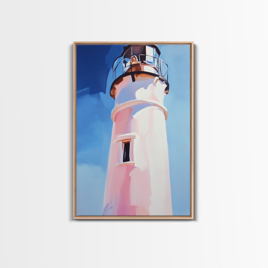 Coastal Lighthouse, Nautical Wall Art, Ocean Beach House, Framed Canvas Print, Minimalist Art, Living Room Wall Decor, Blue Sky