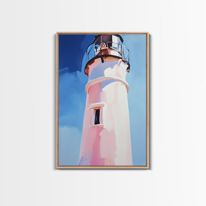 Coastal Lighthouse, Nautical Wall Art, Ocean Beach House, Framed Canvas Print, Minimalist Art, Living Room Wall Decor, Blue Sky