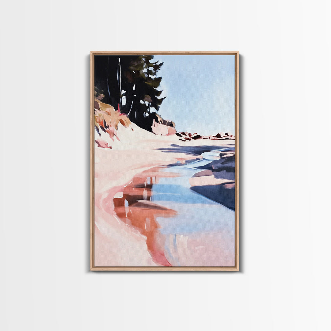 Coastal Forest Scene, Beach Landscape Art, Minimalist Seaside Painting, Framed Canvas Print, Boho Wall Decor, Nature Lover Gift, Bedroom Art