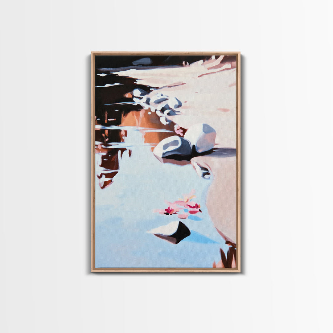 River Rock Art, Abstract Water Reflection, Serene Nature Print, Framed Canvas Print, Boho Landscape, Minimalist Decor, Living Room Art