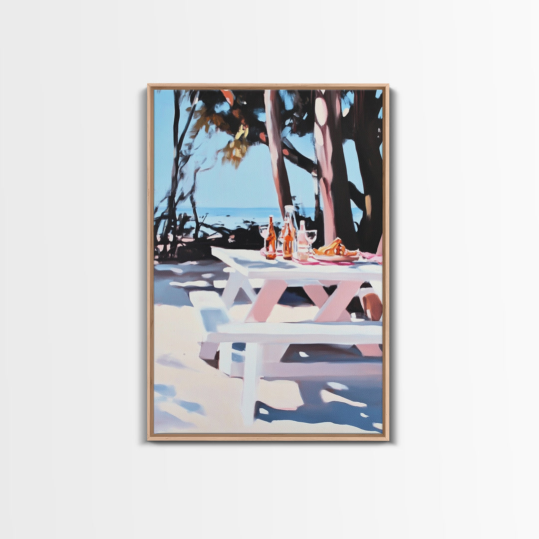 Picnic Wine, Beach Art, Coastal, Relaxing, Dining, Summer, Ocean, Boho, Aesthetic, Outdoor Living, Pastel, Canvas Print