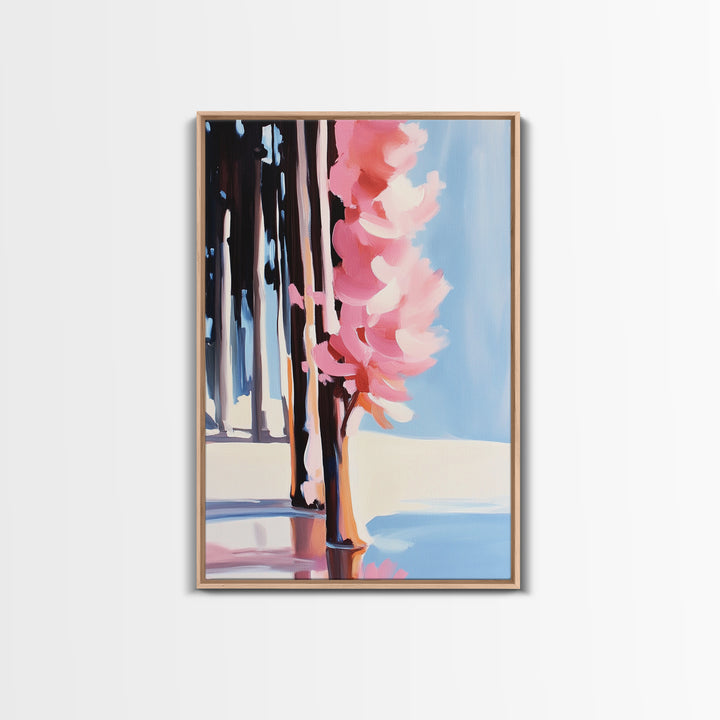 Pink Blossoms, Nature, Floral, Botanical, Spring, Bloom, Elegant, Soft Tones, Romantic, Minimalist, Aesthetic, Framed Canvas Print