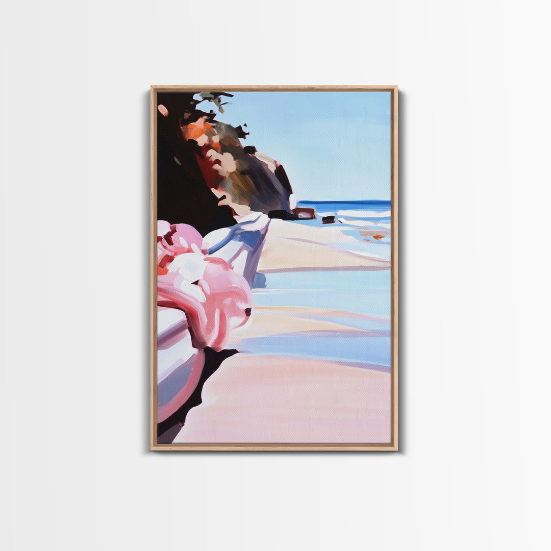 Ocean View, Coastal, Beach House, Serene, Dreamy, Pink Accents, Soft Hues, Summer, Relaxing, Minimalist, Boho, Canvas Print