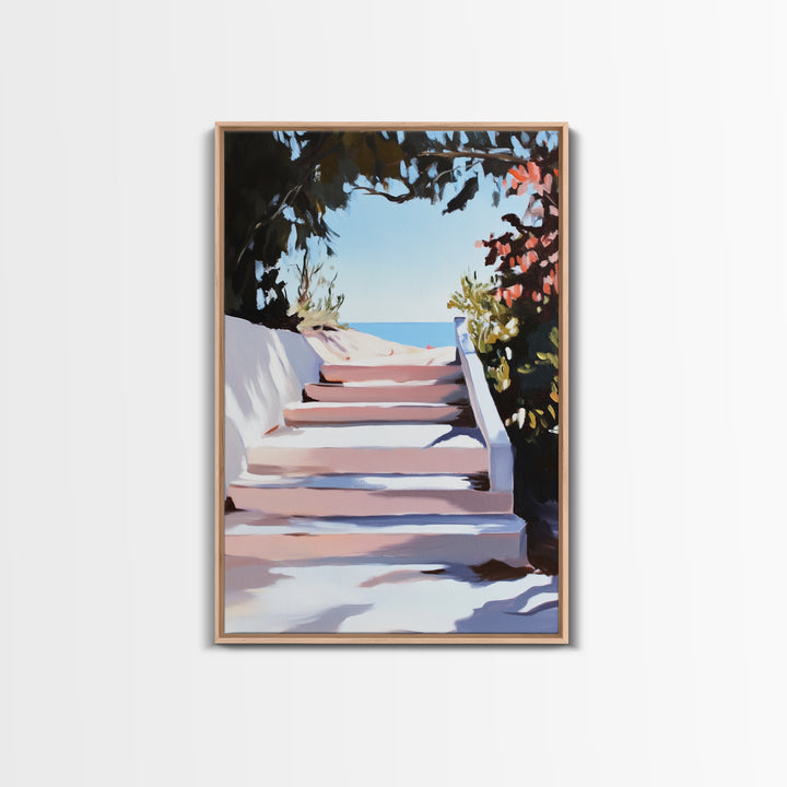Beach Stairs, Seaside Getaway, Summer Vibes, Tropical Aesthetic, Warm Sunlight, Coastal Home Decor, Framed Canvas Print, Entryway