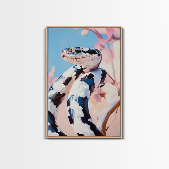 Black and White Snake, Nature Portrait, Wildlife Art, Framed Canvas Print, Jungle Theme Decor, Modern Animal Wall Art, Office Accent