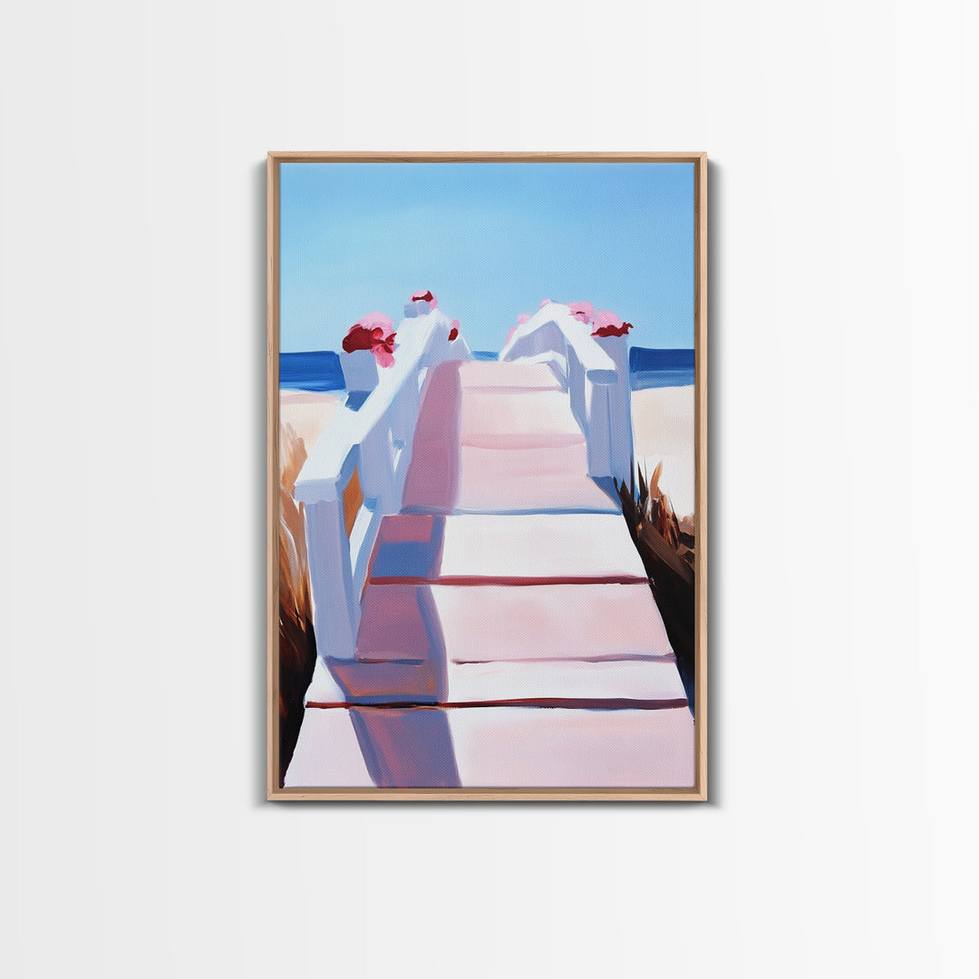 Boardwalk, Beach Print, Coastal Wall Art, Framed Canvas Print, Nautical Aesthetic, Minimalist Ocean Scene, Relaxing Artwork