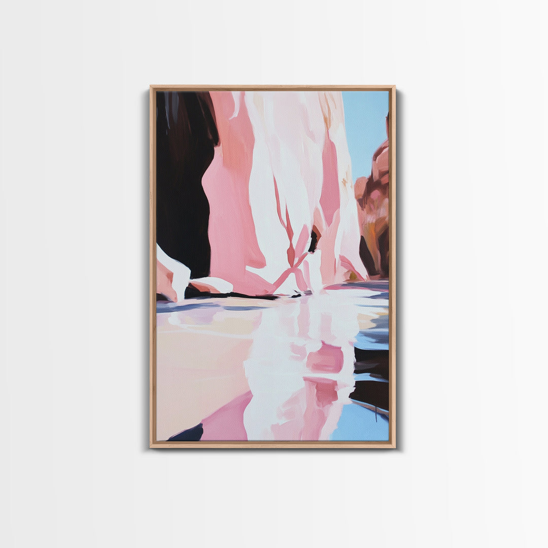 Cliffside Reflection, Coastal Wall Art, Beach House Decor, Blue and Pink Minimalist, Living Room Art, Framed Canvas Print