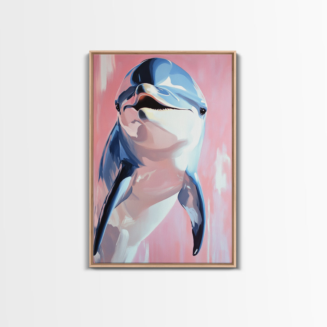Dolphin Portrait, Ocean Animal Art, Beach House Wall Decor, Coastal Aesthetic, Nautical Art Print, Framed Canvas Print, Pastel Home Decor