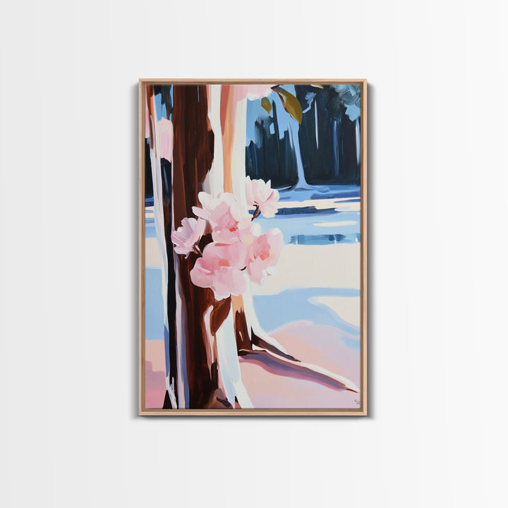 Cherry Blossoms, Winter Trees, Modern Nature Art, Seasonal Wall Art, Framed Canvas Print, Botanical Home Decor, Living Room Artwork