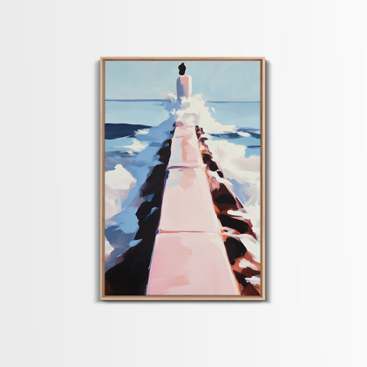 Ocean Walkway, Coastal Landscape, Serene Beach Wall Art, Relaxing Seascape Painting, Framed Canvas Print, Modern Minimalist Wall Art