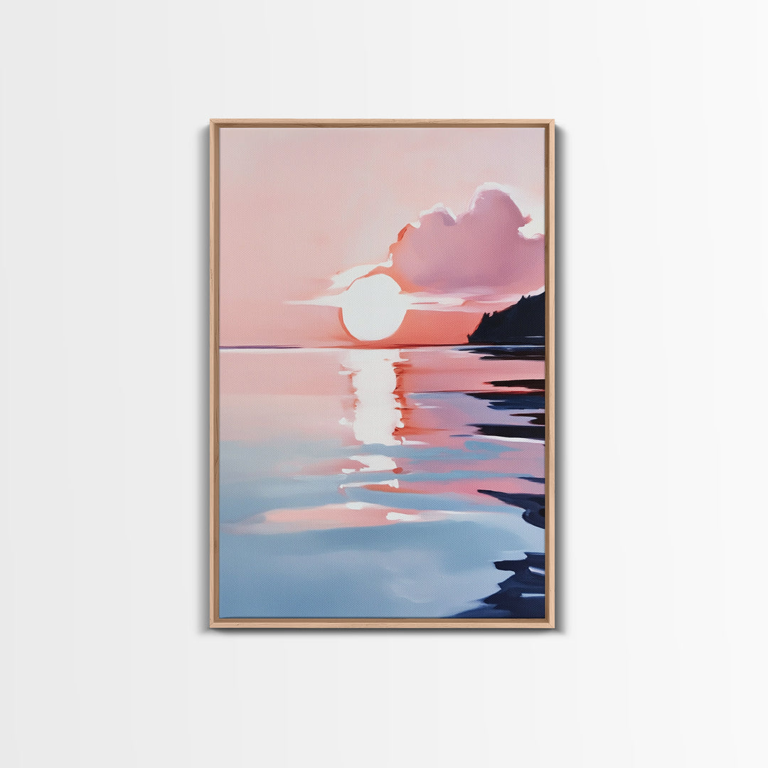 Ocean Sunset, Abstract Seascape Art, Framed Canvas Print, Beach House Wall Art, Modern Coastal Decor, Pink Sky Painting, Bedroom Artwork
