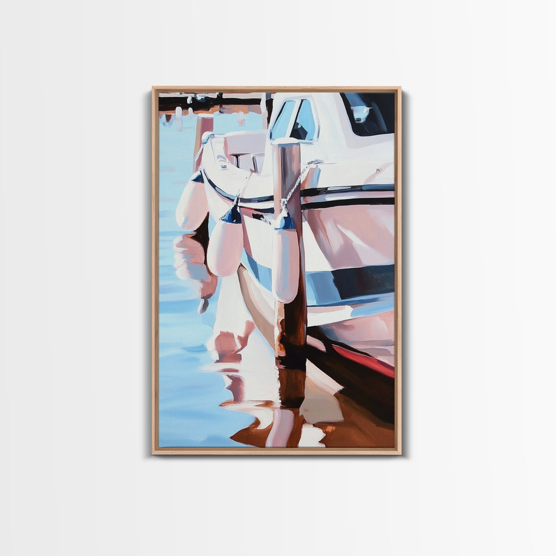 Docked Boat, Nautical Charm, Seaside Painting, Coastal Decor, Summer Vibes, Blue and White Art, Beach House Wall Art, Canvas Print