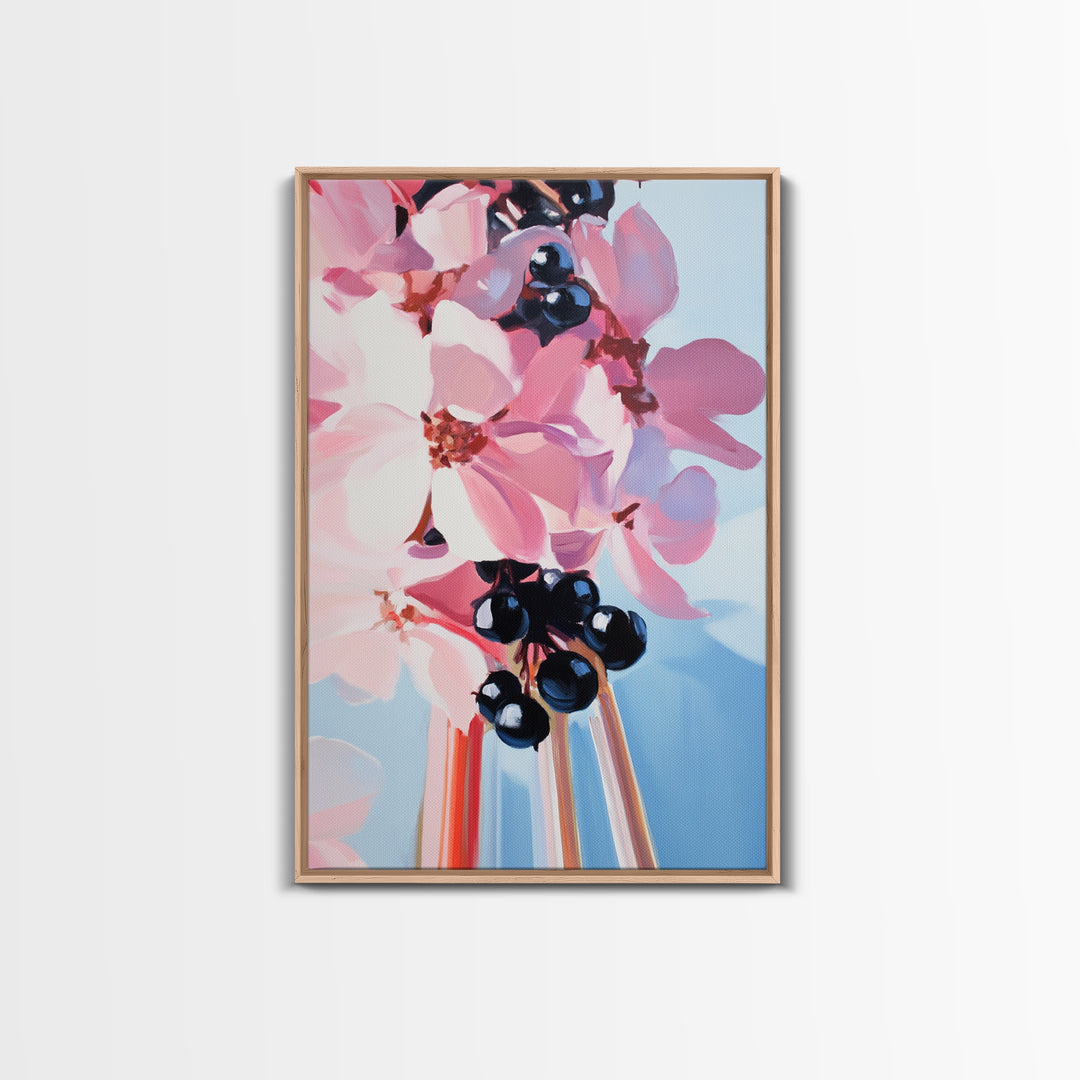 Blooming Flowers, Pink and Blue, Botanical Painting, Soft Aesthetic, Feminine Decor, Floral Home Art, Romantic Wall Art, Canvas Print