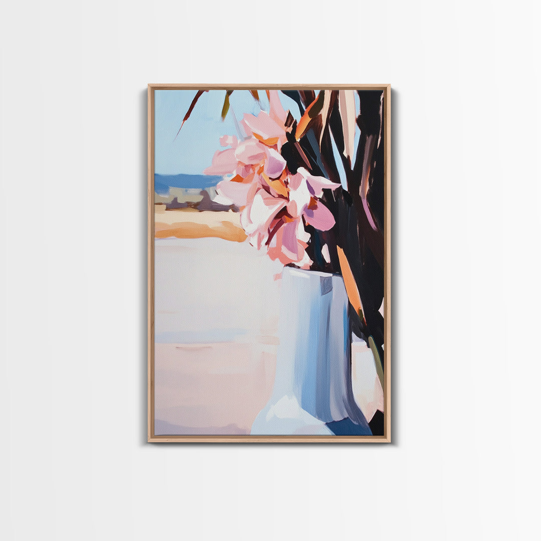Beach Vase, Coastal Florals, Ocean Breeze, Relaxing Summer Art, Minimalist Aesthetic, Pastel Painting, Living Room Art, Canvas Print
