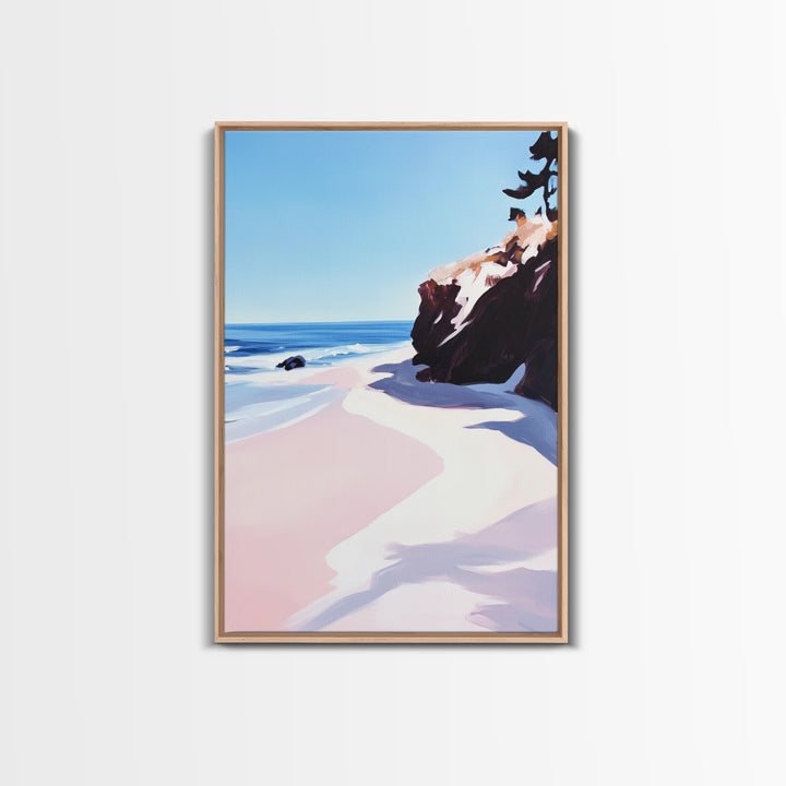 Beach View, Ocean Shore Art, Coastal Landscape Painting, Framed Canvas Print, Living Room Wall Art, Minimalist Seaside Decor