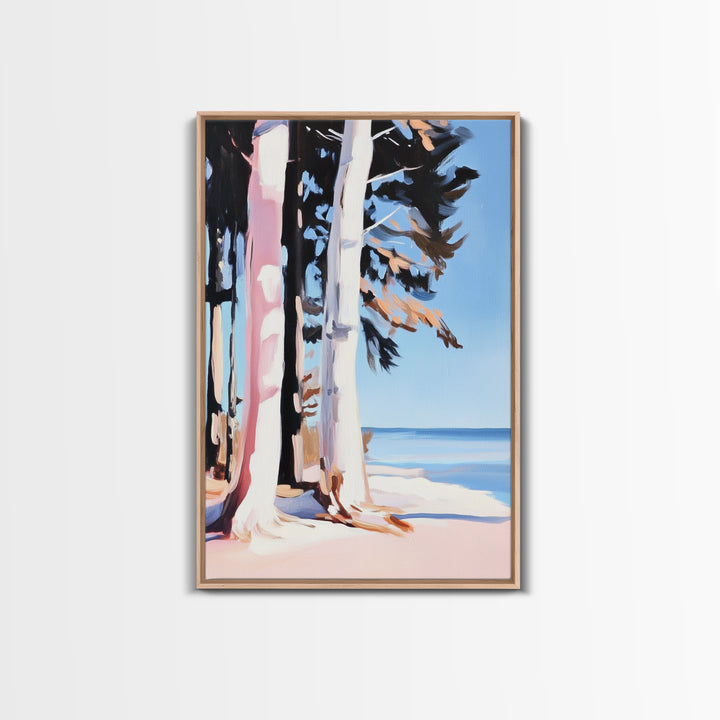 Birch Trees, Lakeside Forest Art, Nature Landscape Print, Framed Canvas Print, Rustic Cabin Decor, Modern Minimalist Wall Art