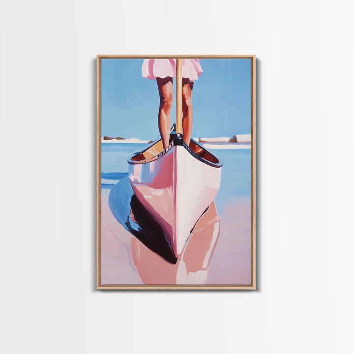 Pink Canoe, Girl, Reflection, Framed Canvas Print, Coastal Wall Art, Nautical Decor, Summer Aesthetic, Beach House Art, Boho Art