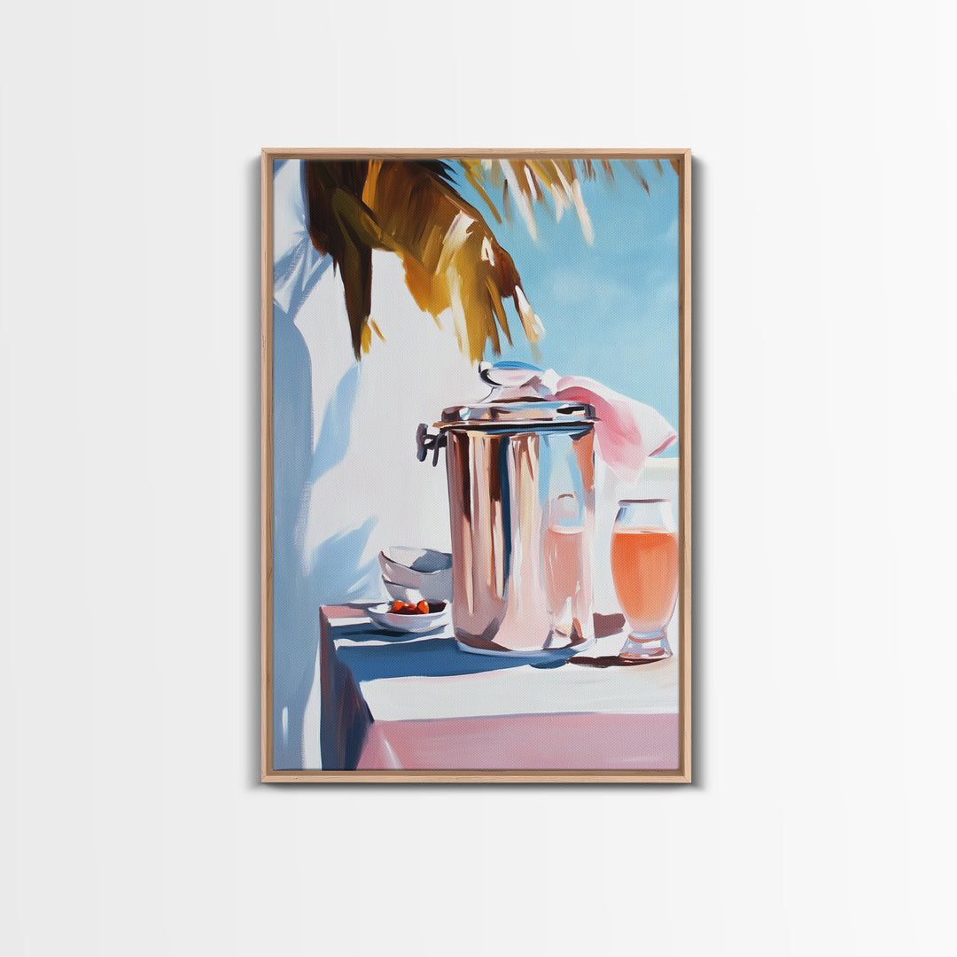 Beach Picnic, Palm Tree, Drinks, Framed Canvas Print, Summer Wall Art, Tropical Aesthetic, Kitchen Art, Coastal Home Decor, Boho Art