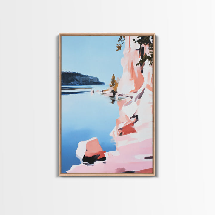 Cliffs, Water, Trees, Reflection, Framed Canvas Print, Nature Wall Art, Mountain Aesthetic, Lakehouse Decor, Minimalist Landscape