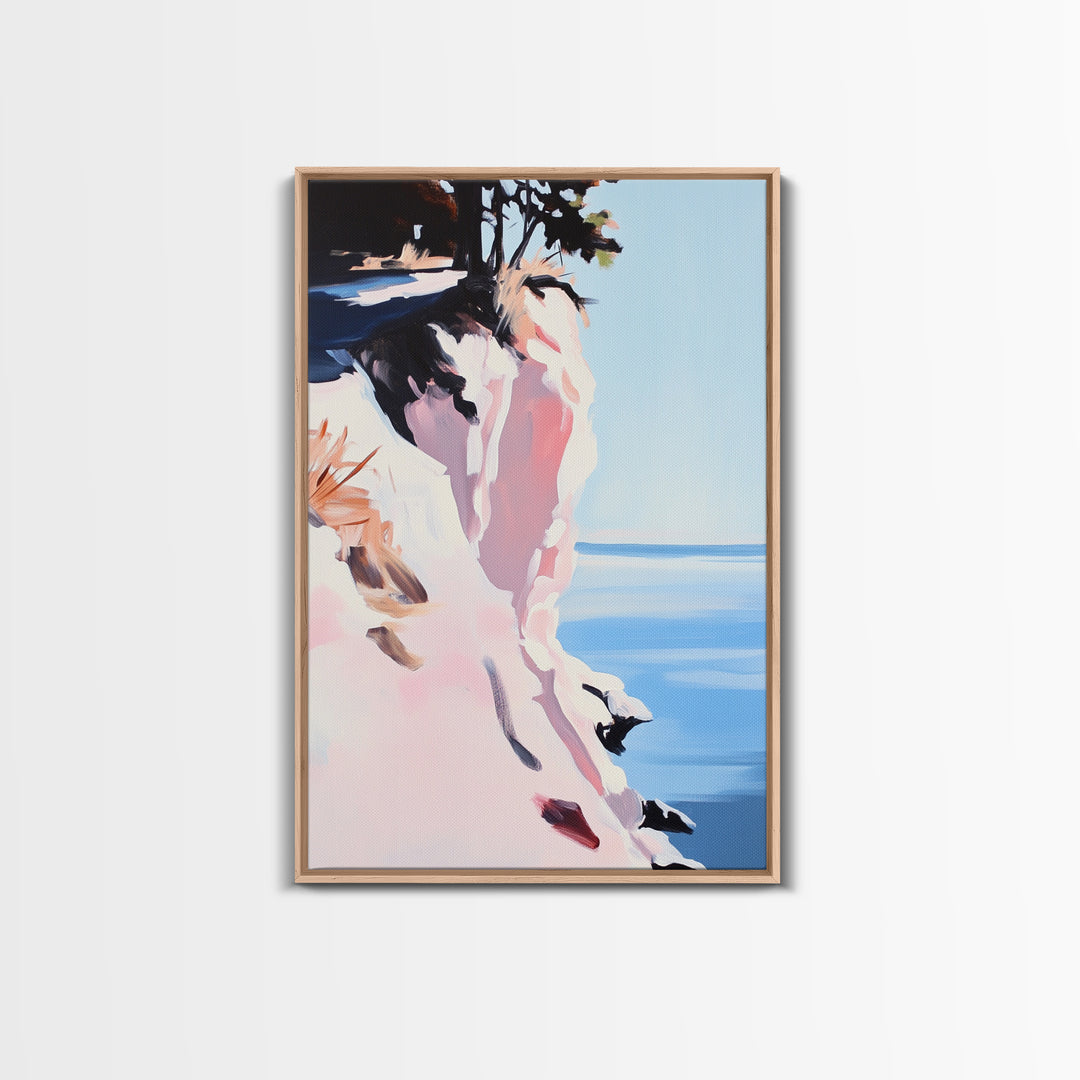 Cliffs and Water, Nature Wall Art, Minimalist Landscape, Coastal Home Decor, Blue and Pink Art, Framed Canvas Print, Office Wall Decor