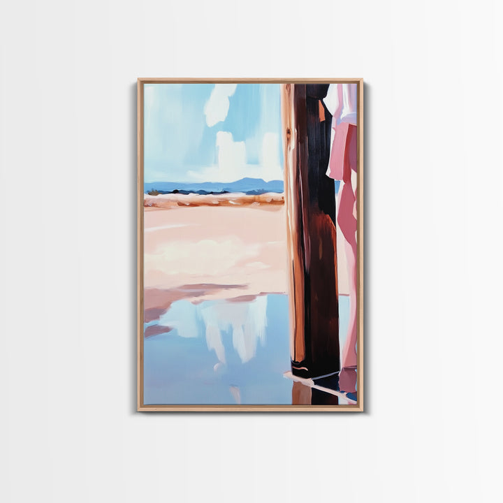 Coastal Fashion Art, Feminine Beach Scene, Pastel Summer Painting, Minimalist Boho Decor, Framed Canvas Print, Bedroom Wall Art
