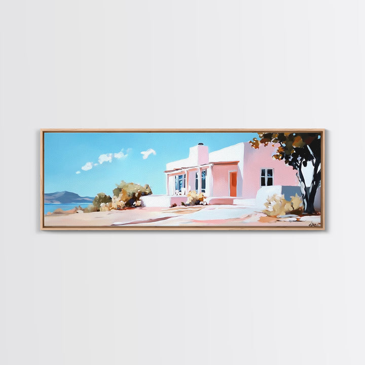 Coastal House, Summer Art, Beach Landscape, Framed Canvas Print, Mediterranean Wall Art, Minimalist Painting, Living Room Decoran Waves