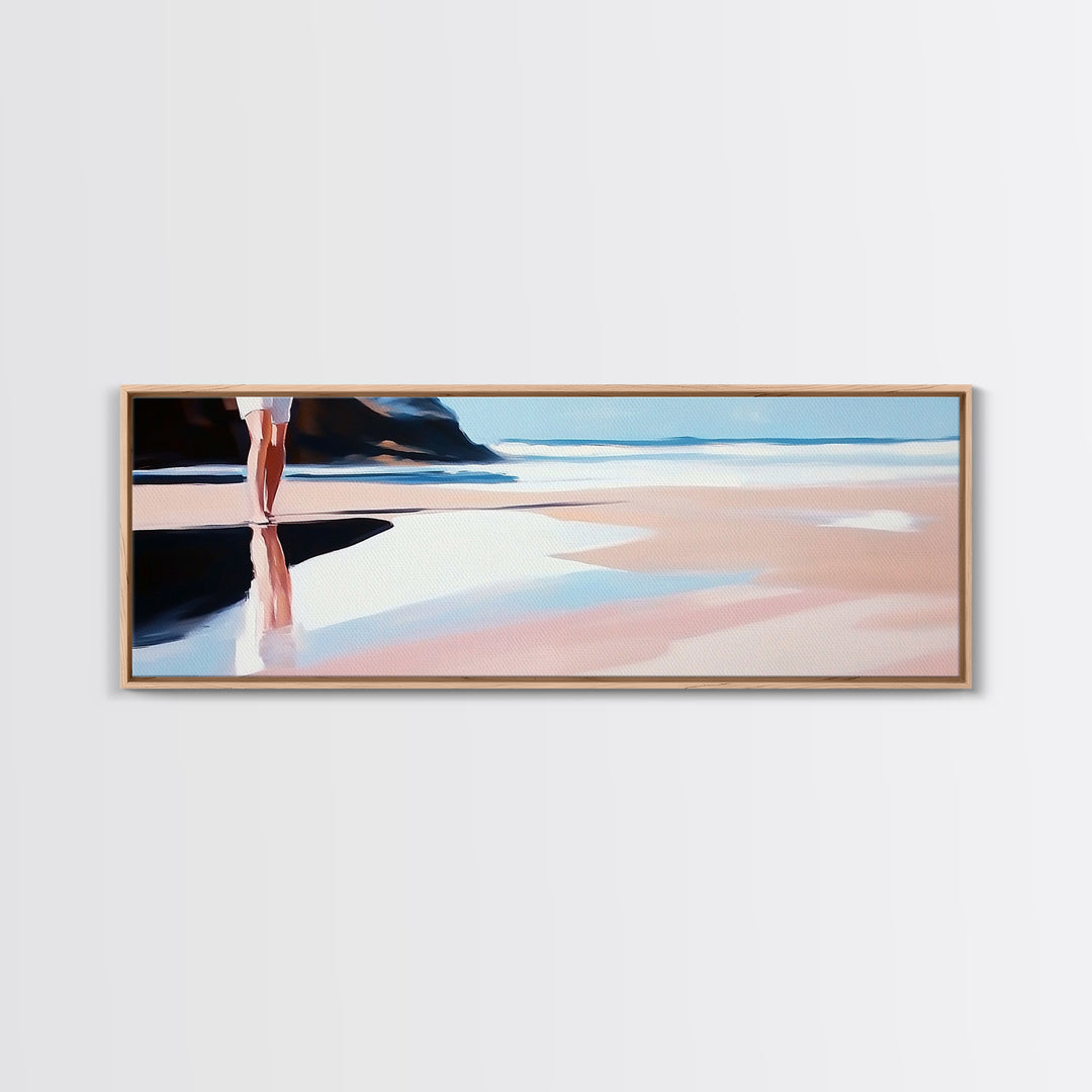 Coastal Stroll, Soft Pastel Beach, Minimalist Ocean Art, Canvas Print, Tranquil Shoreline, Boho Beach House Decor, Bedroom Wall Art
