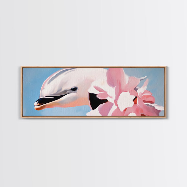 Dolphin, Pink Flowers, Canvas Print, Ocean Art, Whimsical Artwork, Coastal Wall Art, Sea Life Decor, Modern Aesthetic, Nature Lover Gift
